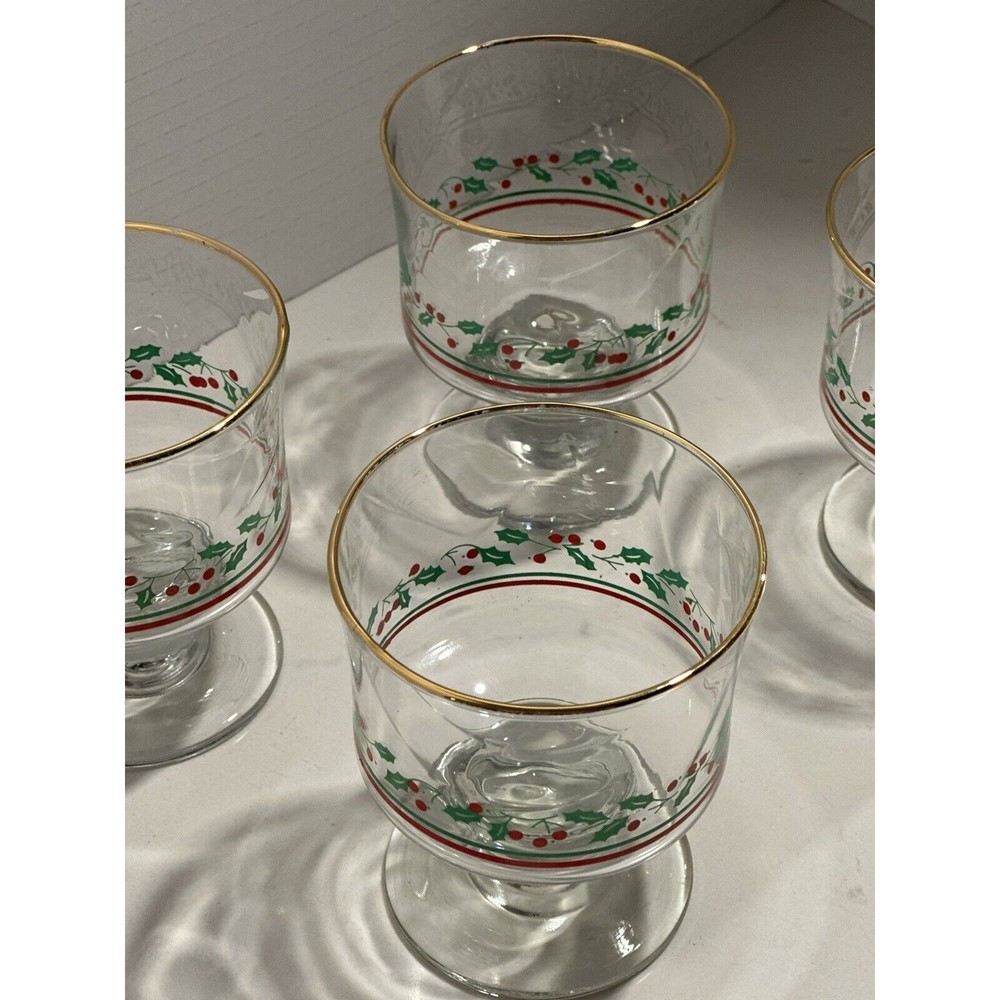 Arby’s Christmas Holly Berry Bow Stem Holly Vtg Goblets Libbey Parfait Bowl Set - Picture 4 of 16